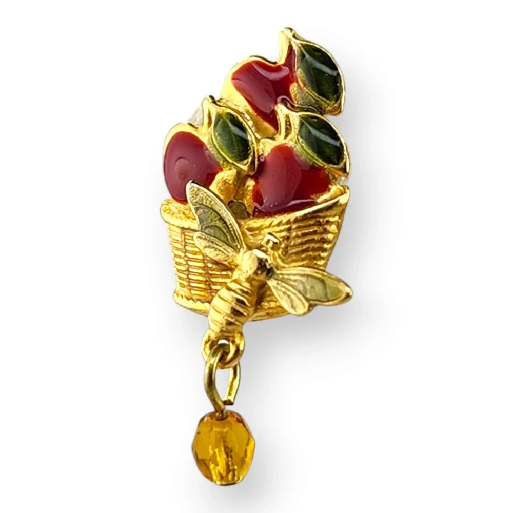 KC Lapel Pin Brooch Gold Tone OS Gold Apple Bumble Bee Basket Enamel Signed